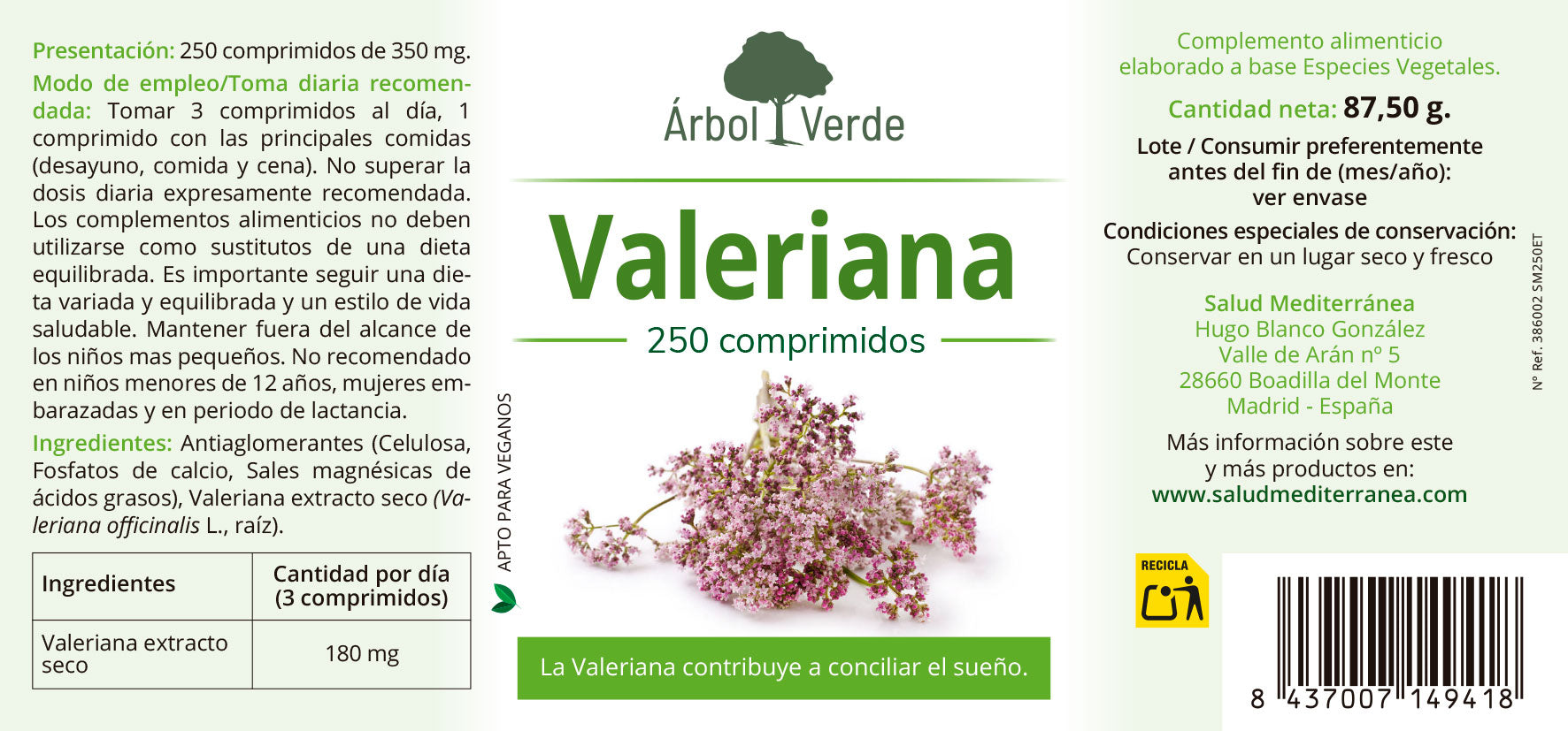 Valeriana - 250 Comprimidos. Arbol Verde