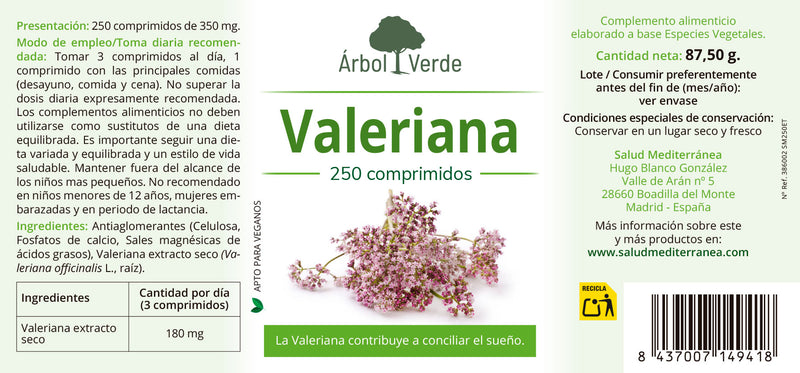 Valeriana - 250 Comprimidos. Arbol Verde