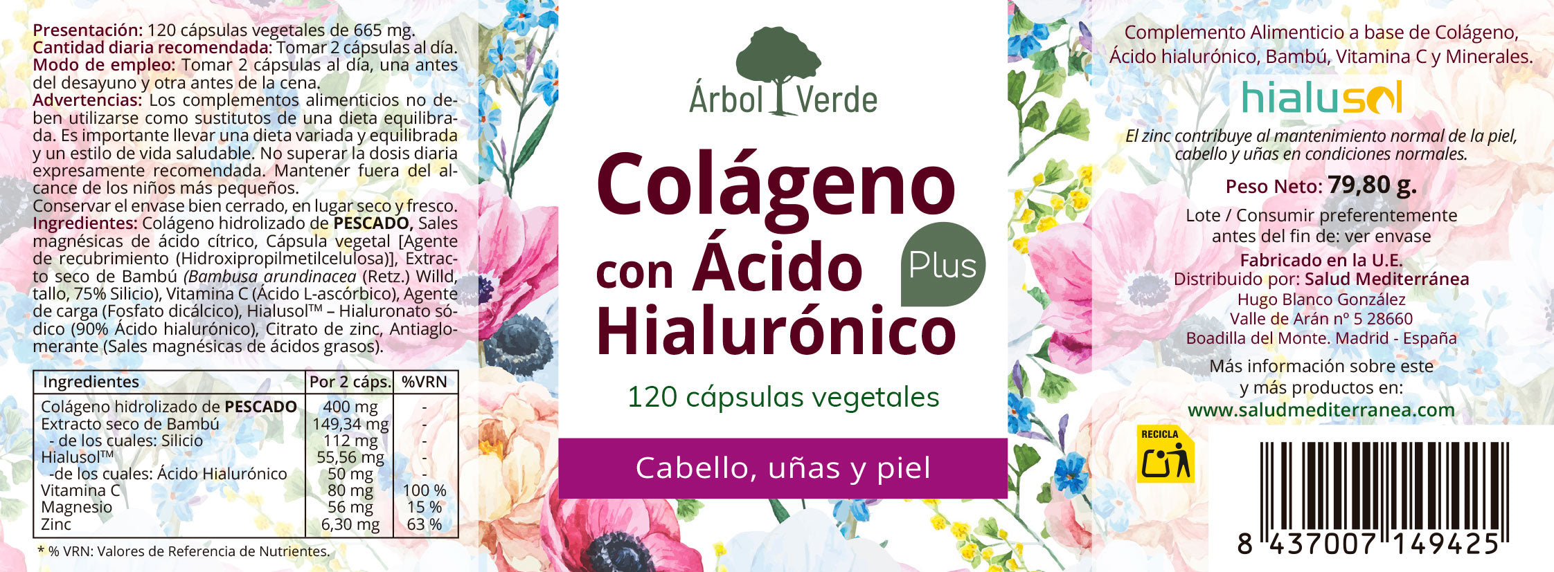 Colágeno e Ácido Hialurônico Plus - 120 Cápsulas. Árbol Verde