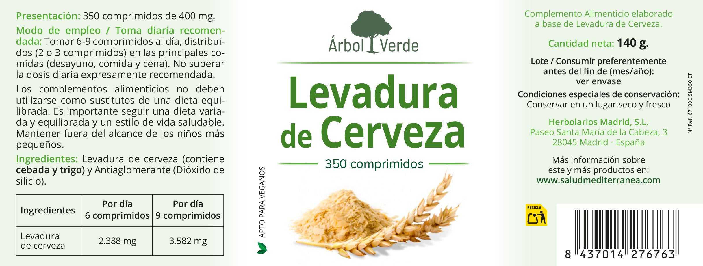 Levadura de Cerveza - 350 Comprimidos. Arbol Verde