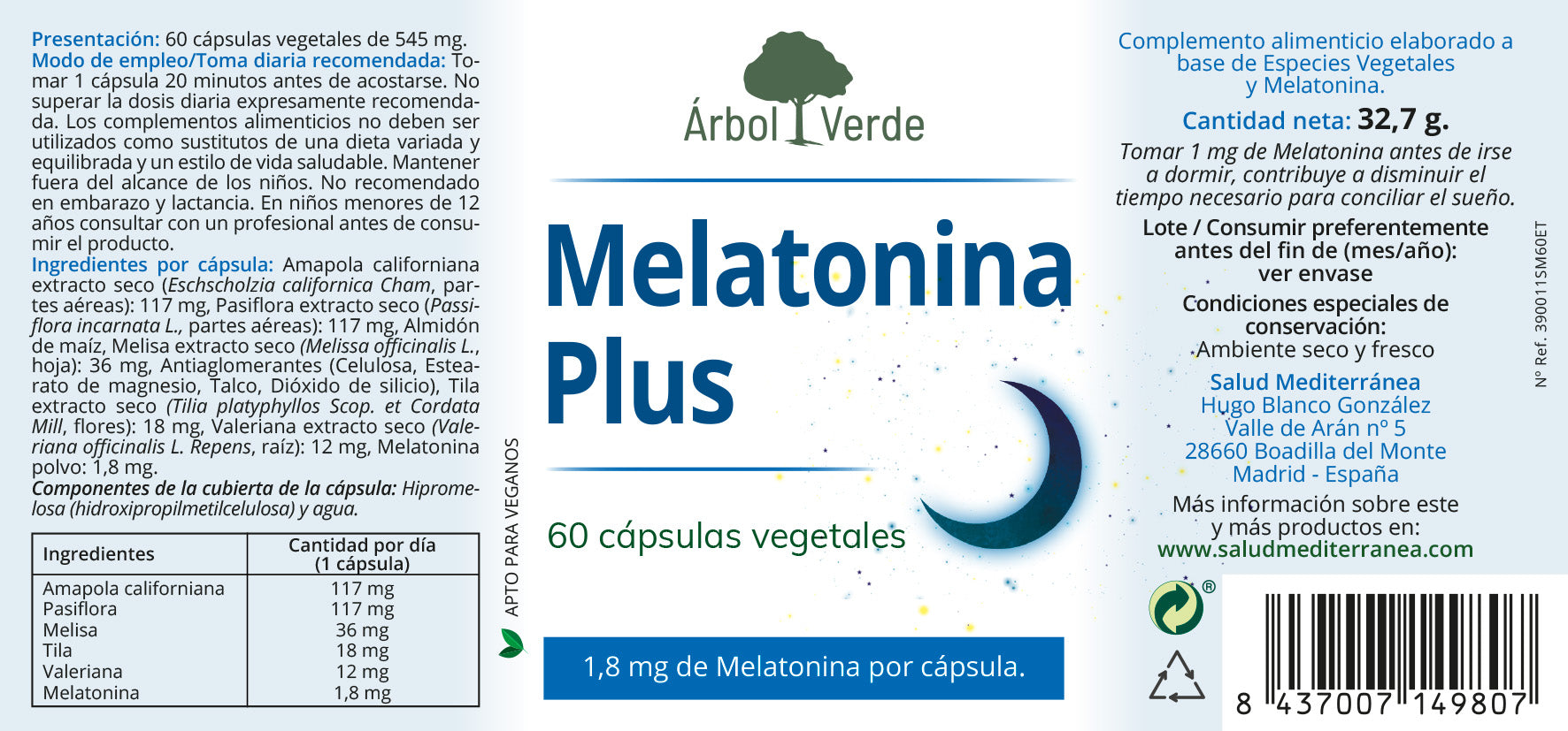 Etiqueta Melatonina Plus - 60 Cápsulas. Árbol Verde. Herbolario Salud Mediterránea