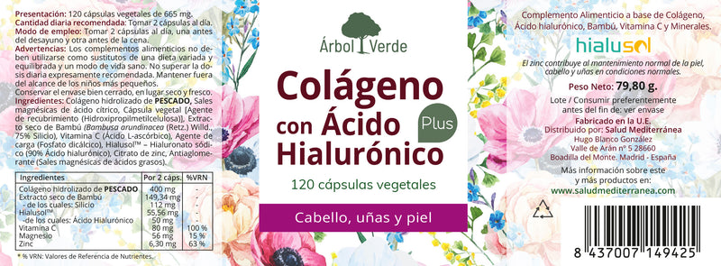 Etiqueta Colágeno & Ácido Hialurónico Plus - 120 Cápsulas. Árbol Verde. Herbolario Salud Mediterranea