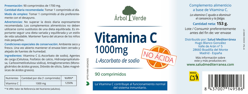 Vitamina C 1000 No Acida - 90 Comprimidos. Arbol Verde