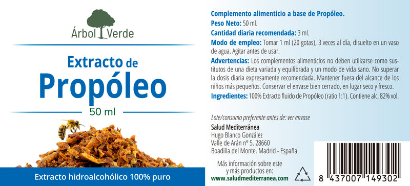 Etiqueta Extracto hidroalcoholico de Propoleo - 50 ml. Árbol Verde. Herbolario Salud Mediterranea