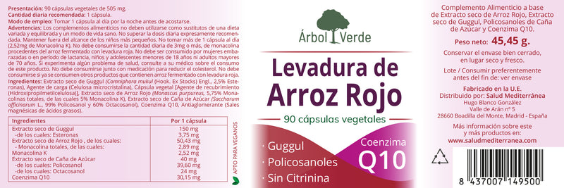 Etiqueta Levadura de Arroz Rojo con Gugglu y Q10 - 90 Cápsulas. Árbol Verde. Herbolario Salud Mediterranea