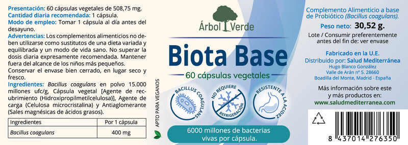 Etiqueta BiotaBase - 60 Cápsulas. Árbol Verde. Herbolario Salud Mediterranea