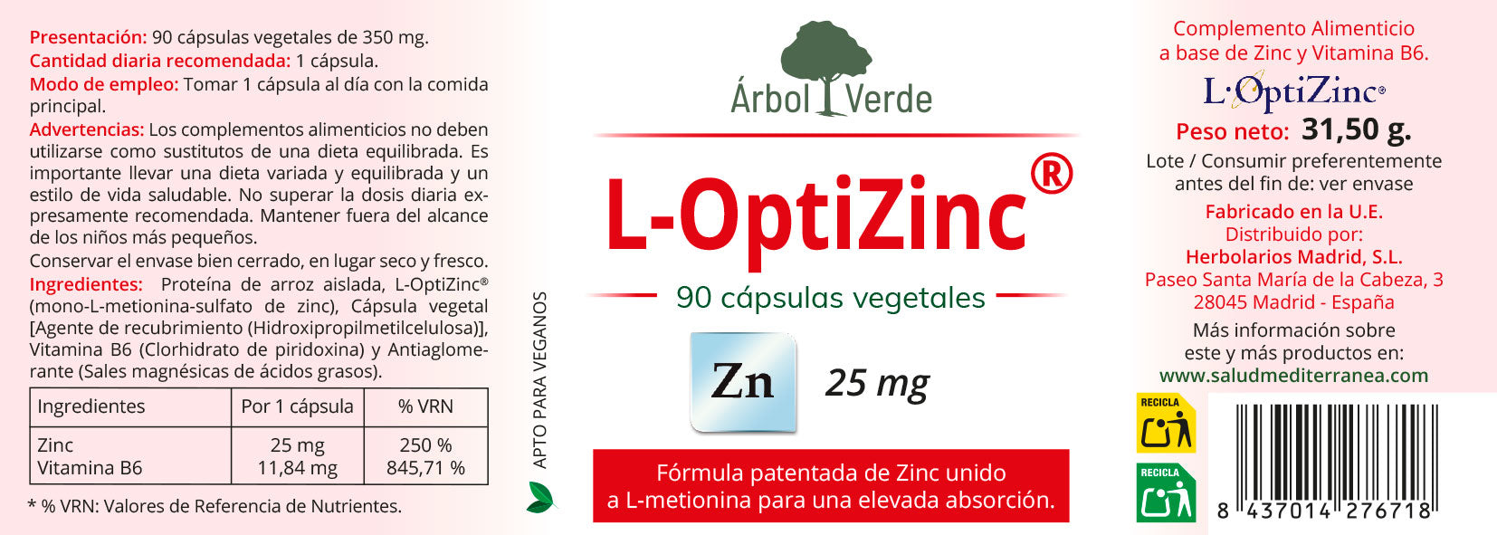 L-Optizinc - 90 Capsulas. Arbol Verde