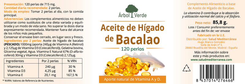 Etiqueta Aceite Hígado de Bacalao - 120 Perlas. Árbol Verde. Herbolario Salud Mediterranea