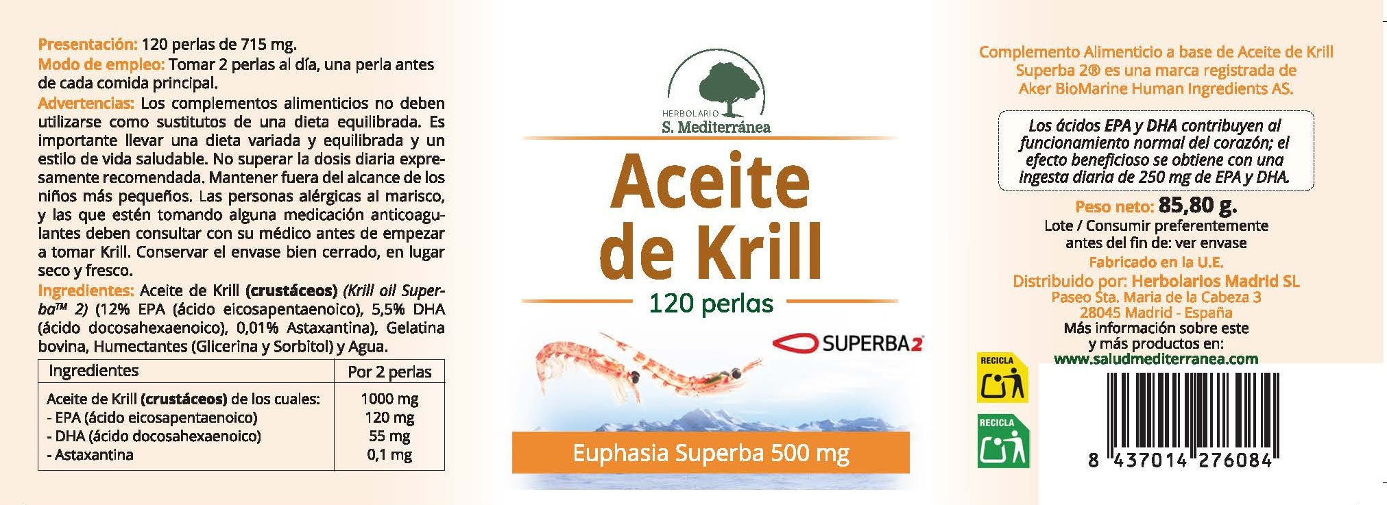 Aceite de Krill - 120 Perlas. Herbolario S. Mediterránea