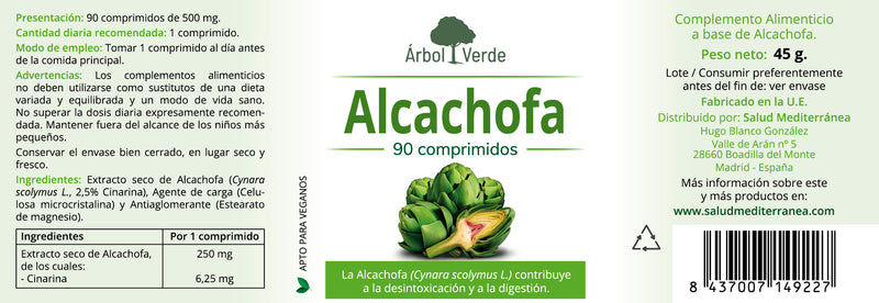 Etiqueta Alcachofa - 90 Comprimidos. Árbol Verde. Herbolario Salud Mediterránea