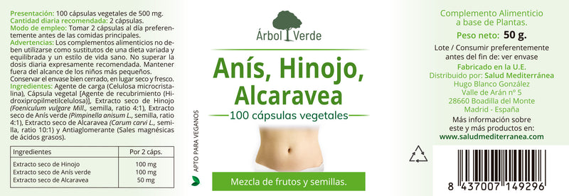 Etiqueta Anís, Hinojo & Alcaravea Estandarizado - 100 Cápsulas. Árbol Verde. Herbolario Salud Mediterráne. Herbolario Salud Mediterranea
