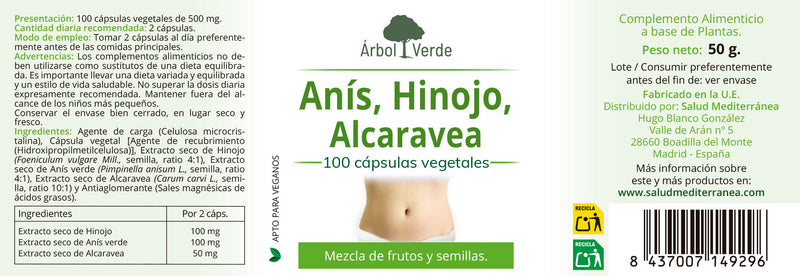 Anis, Hinojo & Alcaravea Estandarizado - 100 Capsulas. Arbol Verde