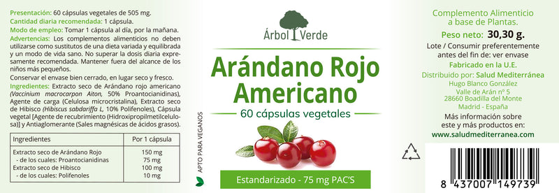 Etiqueta Arándano Rojo Americano - 60 Cápsulas. Árbol Verde. Herbolario Salud Mediterránea