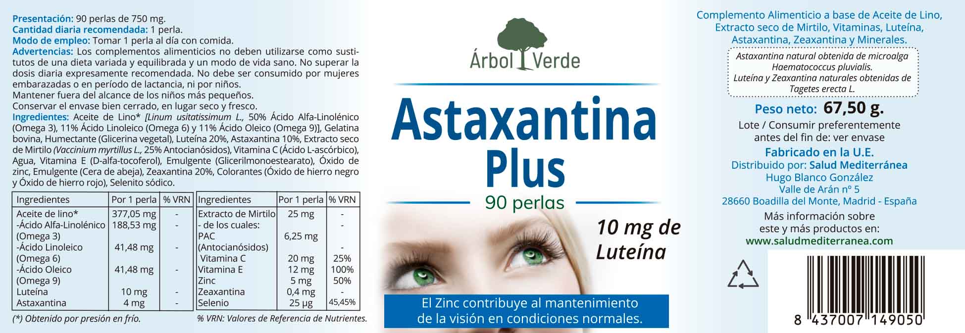 Etiqueta Astaxantina Plus - 90 Perlas. Árbol Verde. Herbolario Salud Mediterranea