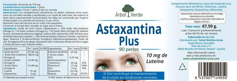 Etiqueta Astaxantina Plus - 90 Perlas. Árbol Verde. Herbolario Salud Mediterranea