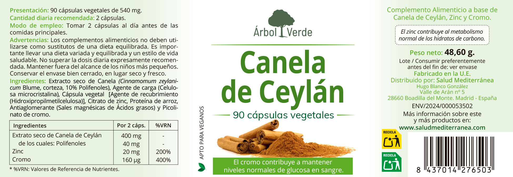 Canela de Ceylan - 90 Capsulas. Arbol Verde
