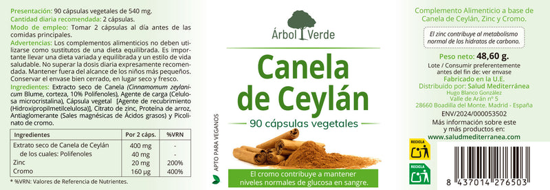 Canela de Ceylan - 90 Capsulas. Arbol Verde