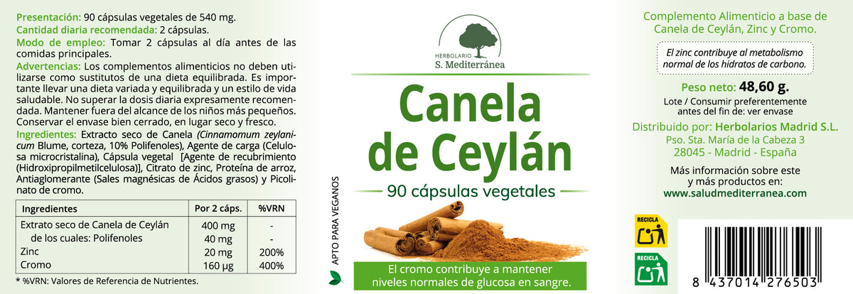 Canela de Ceylan - 90 Capsulas. Herbolario S. Mediterránea