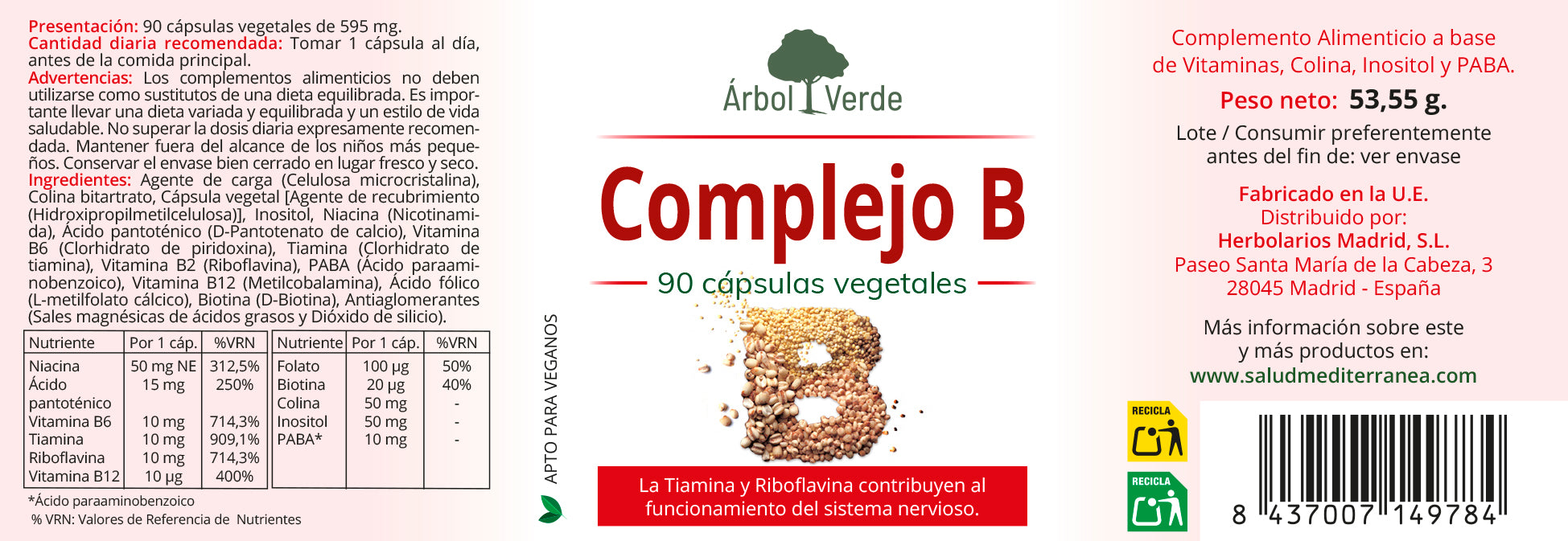 Complexo B - 90 Cápsulas Vegetais. Árbol Verde