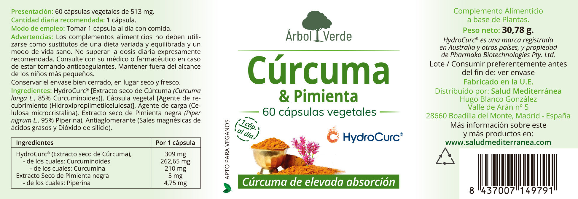 Cúrcuma & Pimienta - 60 Cápsulas Vegetales. Árbol Verde