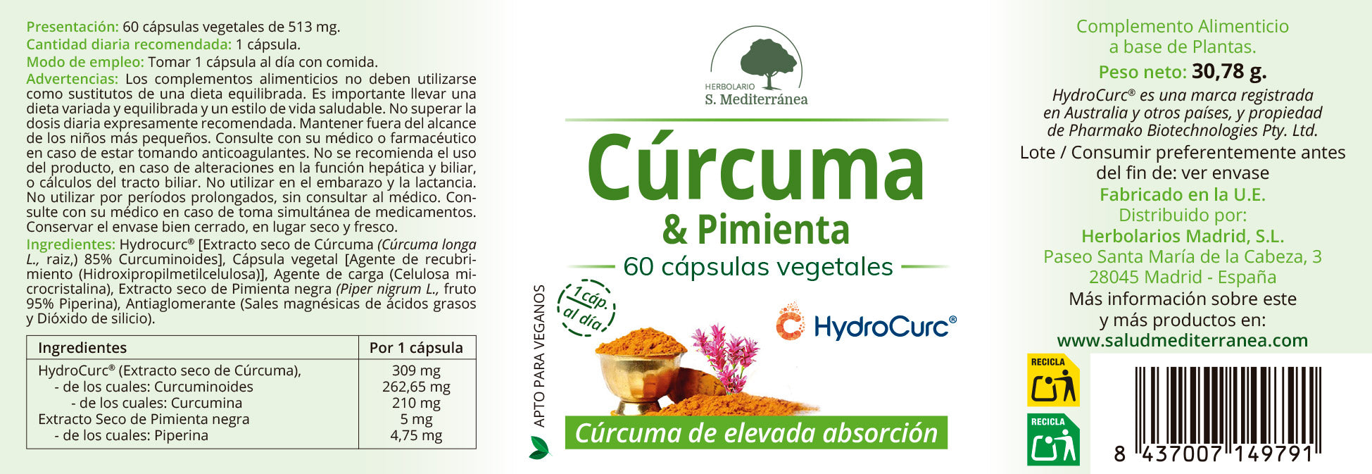 Curcuma & Pimienta - 60 Capsulas Vegetales. Herbolario S. Mediterránea