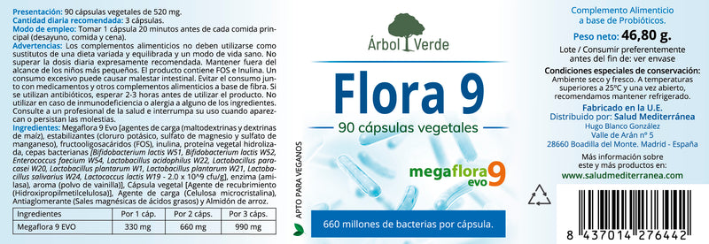 Etiqueta Flora 9. Mezcla de Pro y Prebióticos - 90 Cápsulas. Árbol Verde. Herbolario Salud Mediterranea