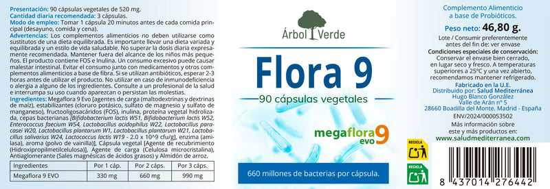 Flora 9. Mezcla de Pro y Prebioticos - 90 Capsulas. Arbol Verde