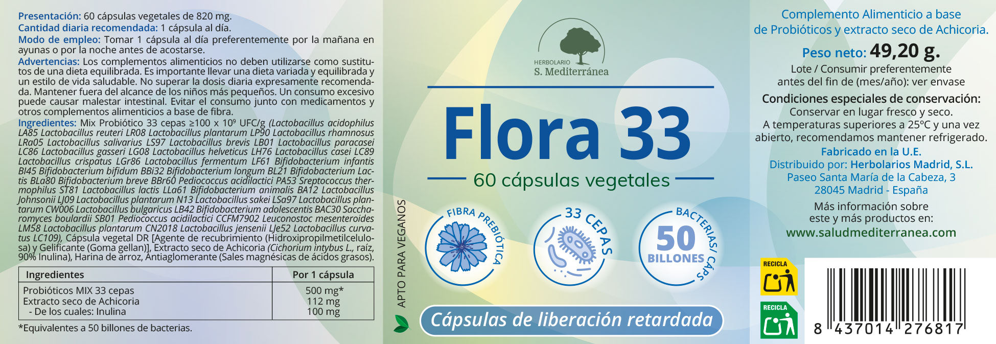 Flora 33 - 60 Cápsulas. Herbalista S. Mediterránea 