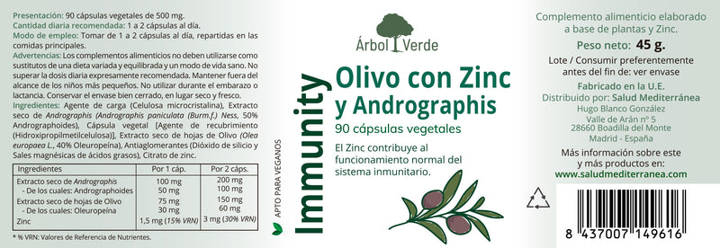 Etiqueta Immunity. Olivo con Zinc y Andrographis - 90 Cápsulas. Árbol Verde. Herbolario Salud Mediterranea