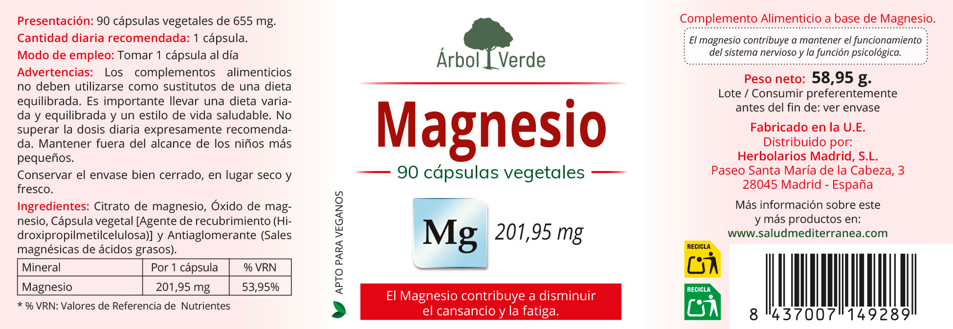 Magnesio - 90 Capsulas. Herbolario S. Mediterránea