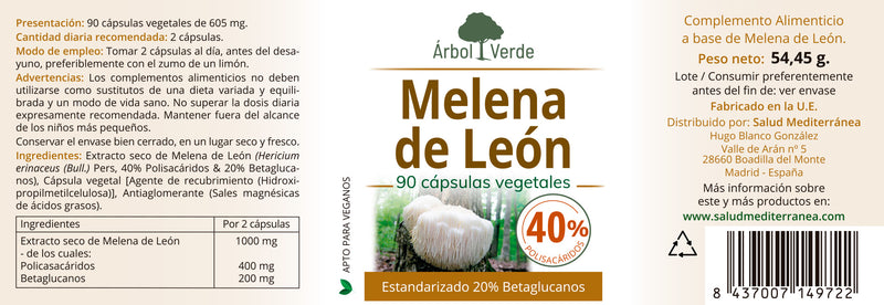 Etiqueta Melena de León - 90 Cápsulas. Árbol Verde. Herbolario Salud Mediterranea