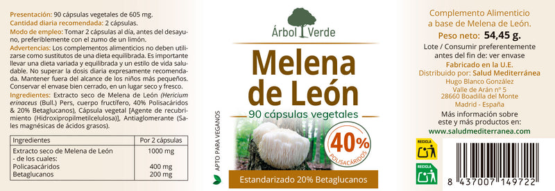 Melena de Leon - 90 Capsulas. Arbol Verde