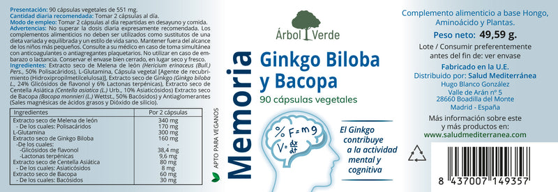 Etiqueta Memoria - 90 Capsulas. Arbol Verde. Herbolario Salud Mediterranea