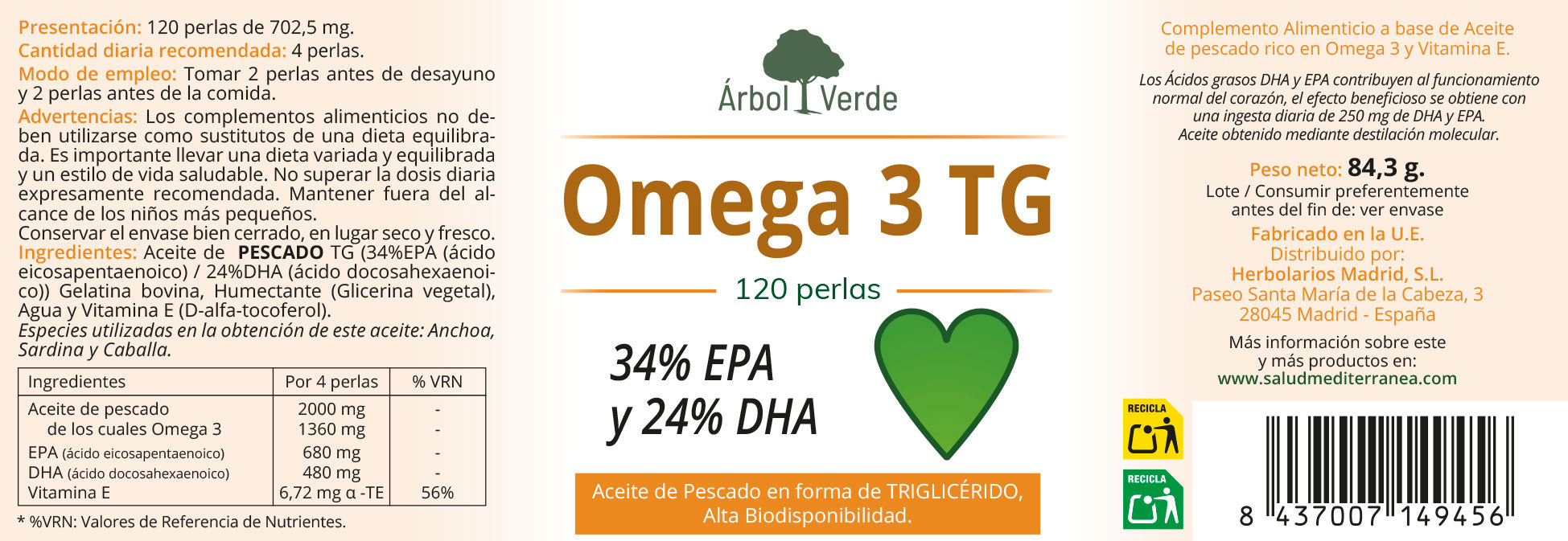 Omega 3 TG (com 34% EPA e 24% DHA) - 120 Pérolas. Árbol Verde
