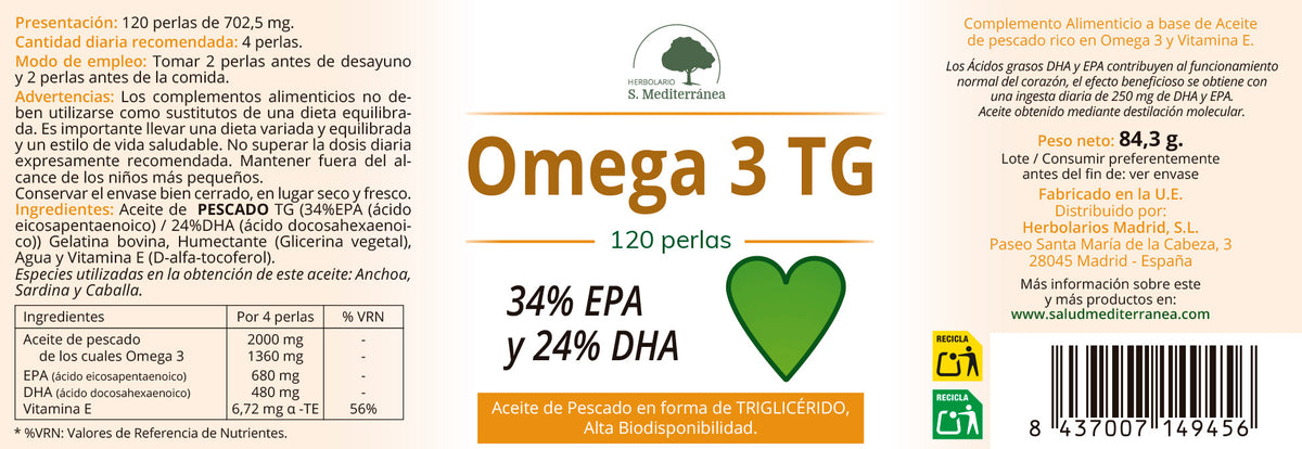 Omega 3 TG (with 34% EPA and 24% DHA) - 120 Softgels. Herbolario S. Mediterránea 