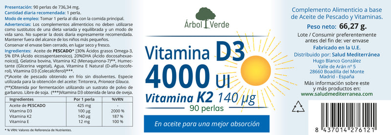 Etiqueta Vitamina D3 4000 UI + K2 - 90 Perlas. Árbol Verde. Herbolario Salud Mediterrranea