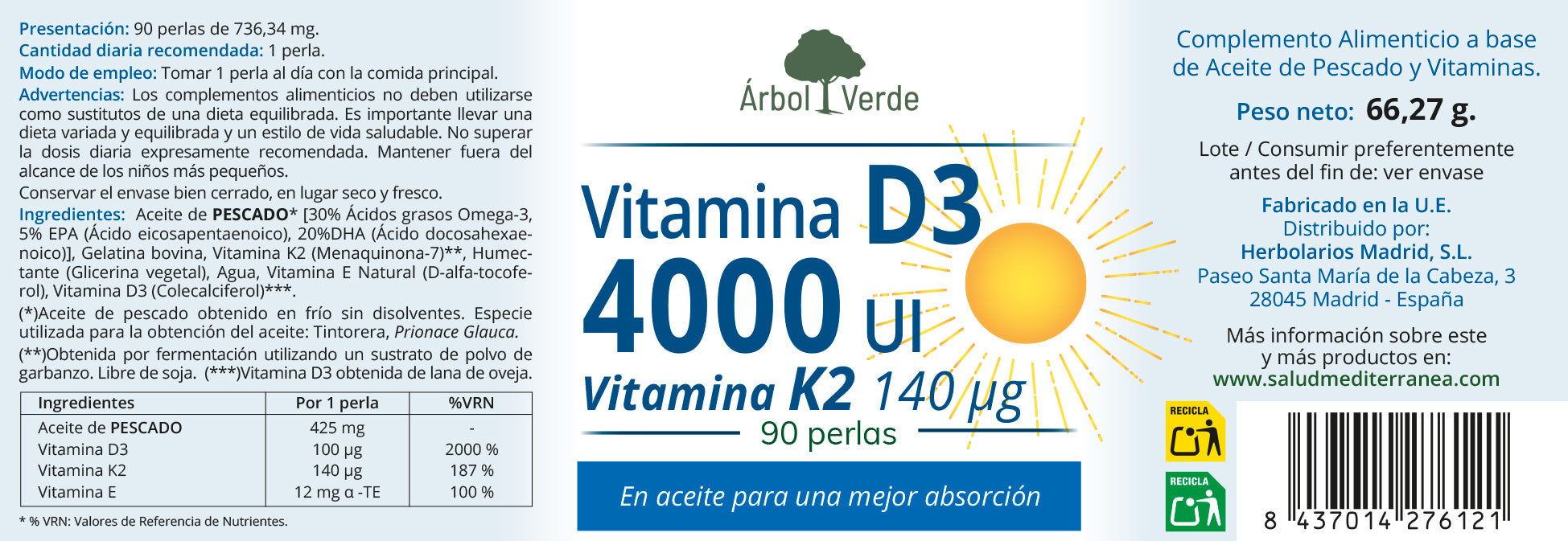 Vitamina D3 4000 UI + K2 - 90 Pérolas. Árvore verde 