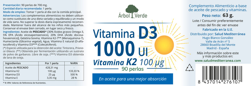 Etiqueta Vitaminas D3 y K2 Árbol Verde. Herbolarios Salud Mediterránea