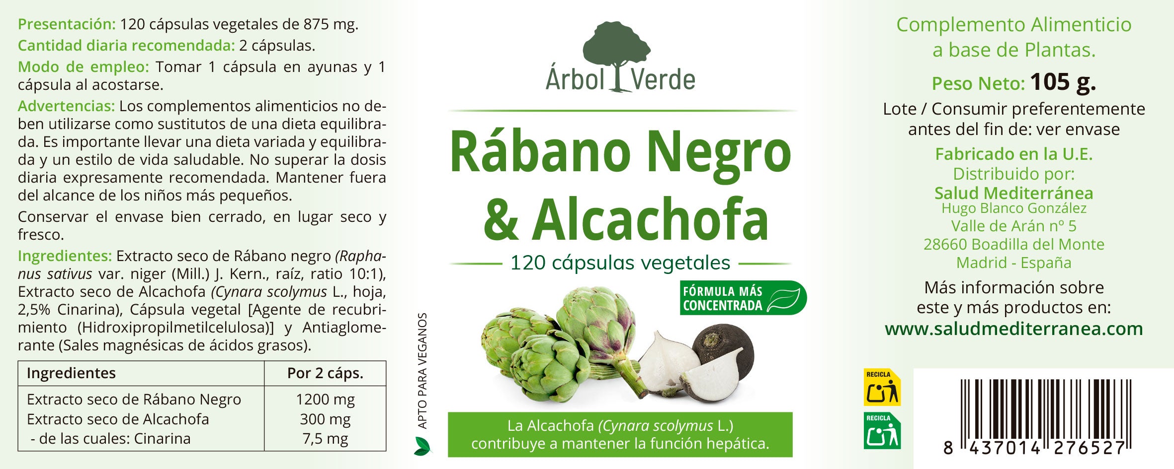 Rabanete Preto e Alcachofra - 120 Cápsulas. Árbol Verde