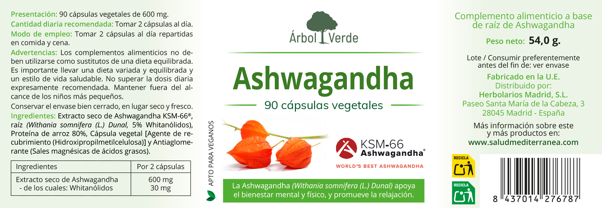 Ashwagandha - 90 Capsulas Vegetales. Arbol Verde