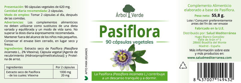 Etiqueta Pasiflora Estandarizada - 90 Cápsulas Vegetales. Árbol Verde