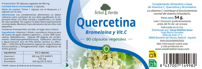 Quercetina, Bromelaina y Vitamina C - 90 Capsulas. Arbol Verde