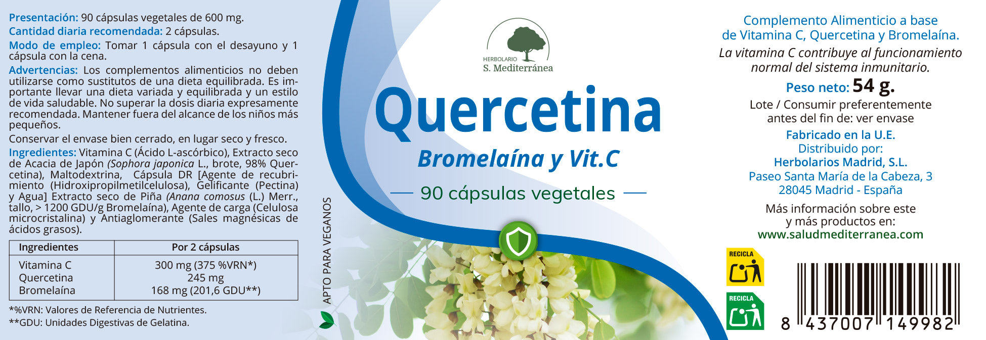 Quercetin, Bromelain and Vitamin C - 90 Capsules. Herbolario S. Mediterránea