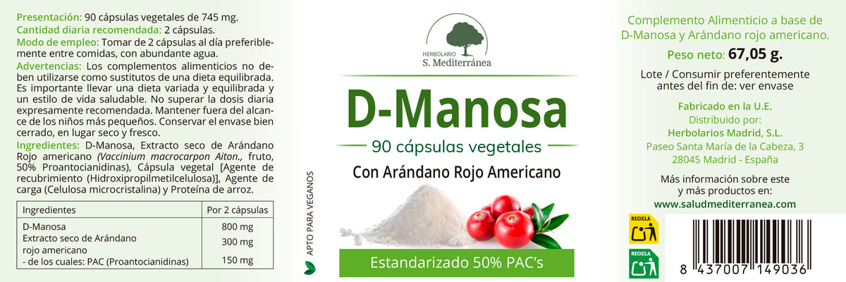D-Mannose with American Cranberry - 90 Capsules. Herbolario S. Mediterránea 