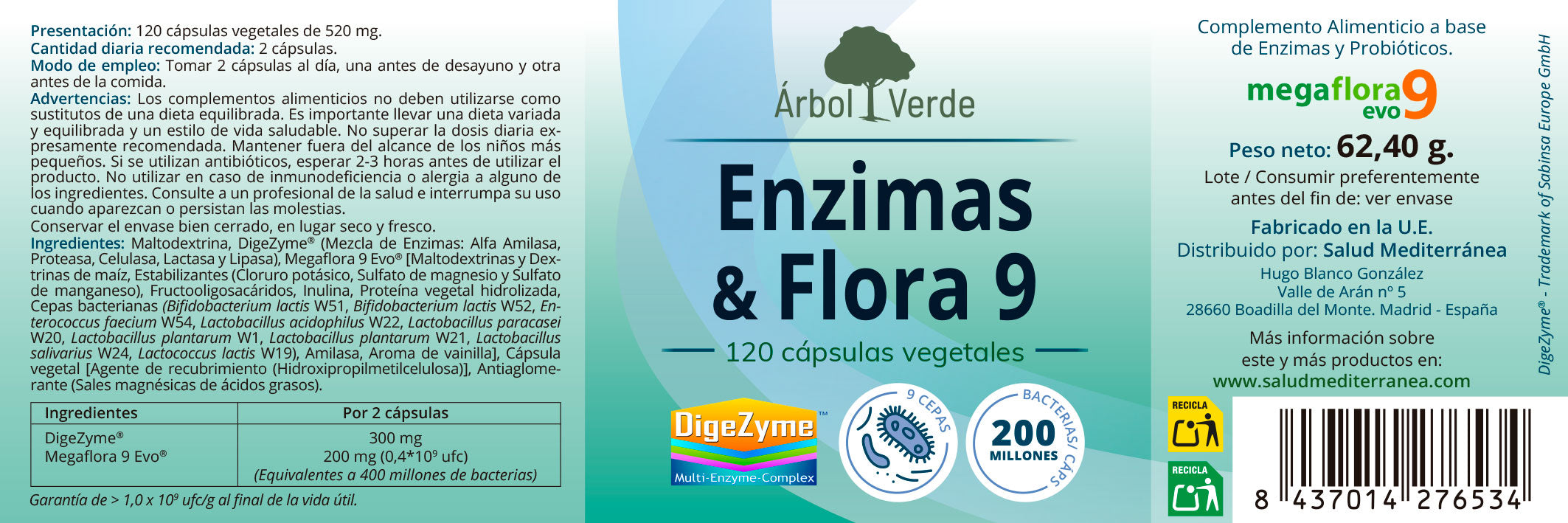 Enzimas & Flora 9 - 120 Capsulas. Arbol Verde