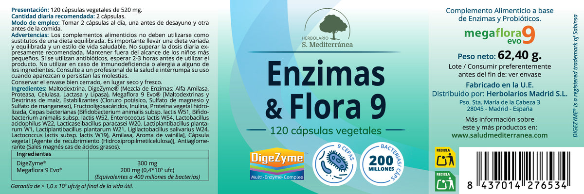 Enzimas & Flora 9 - 120 Capsulas. Herbolario S. Mediterránea