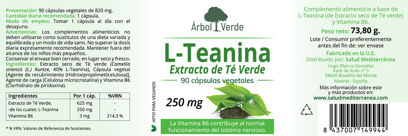 Etiqueta L-Teanina - 120 Cápsulas. Árbol Verde. Herbolario Salud Mediterránea