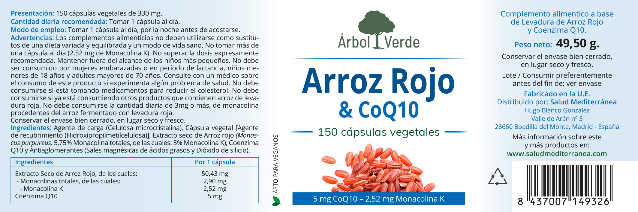 (Levadura de) Arroz Rojo con CoQ10 - 150 Capsulas. Arbol Verde