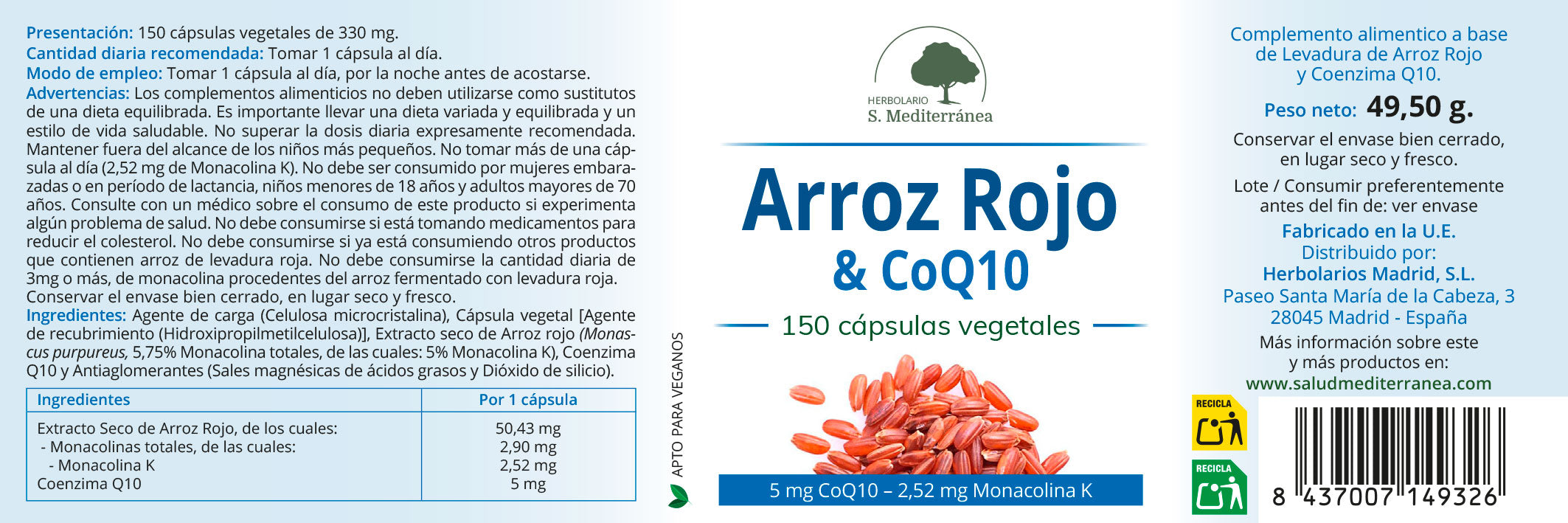 (Levadura de) Arroz Rojo con CoQ10 - 150 Capsulas. Herbolario S. Mediterránea