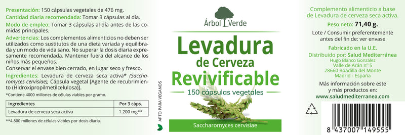 Etiqueta Levadura de Cerveza Revivificable - 150 Comprimidos. Árbol Verde. Herbolario Salud Mediterranea